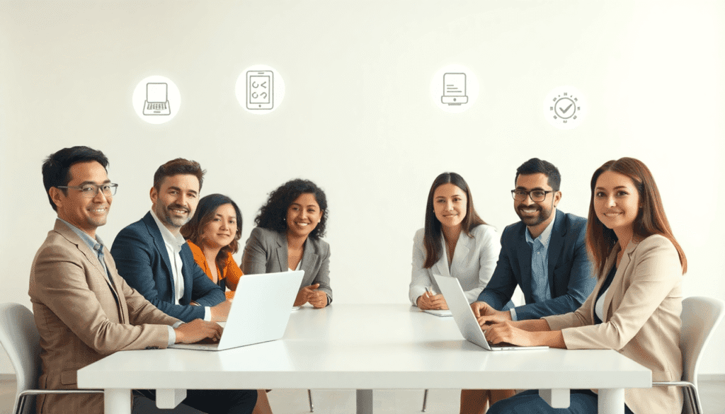 Forretningshold samarbejder omkring et bord med digitale tilgængelighedssymboler, blødt lys fremhæver teamwork og klarhed i en rolig kontorindstill...