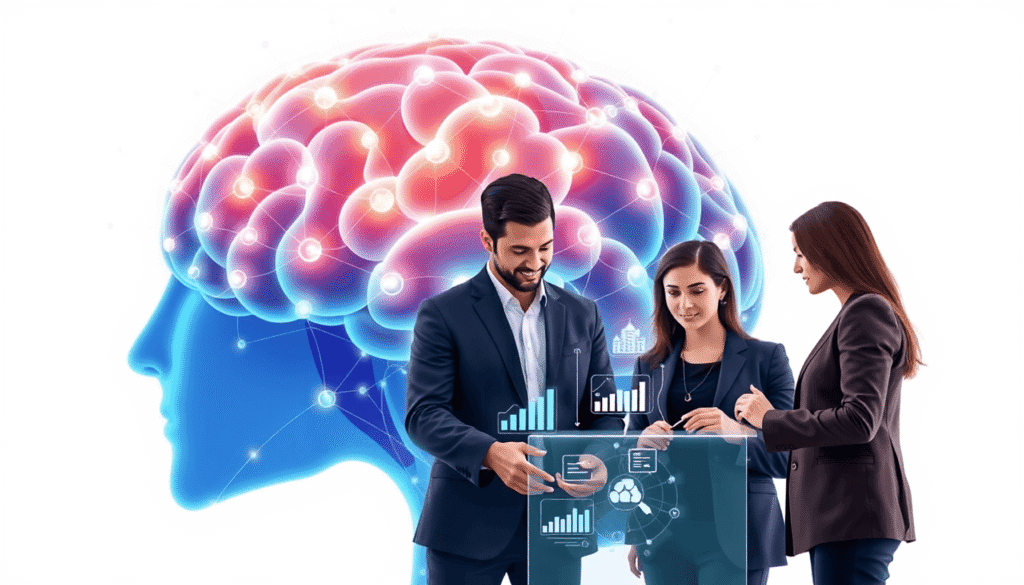 Futuristisk AI-hjerne med lysende netværksnoder og datastreams, tre professionelle samarbejder omkring en gennemsigtig digital grænseflade med svæv...