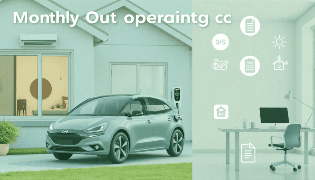 Kollage af et moderne hjem med varmepumpe, elbilopladning og stilfuld kontorarbejdsplads med nyttige ikoner, alt sammen i blødt naturligt lys.