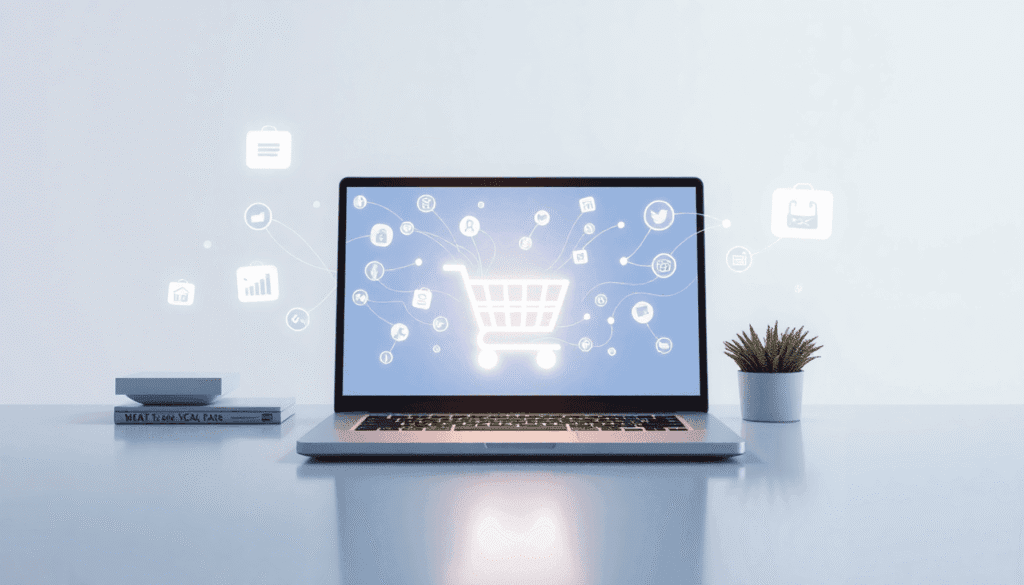 Moderne arbejdsplads med bærbar computer, der viser datastrømme og produktikoner, der flyder ind i en lysende indkøbsvogn, omgivet af e-handelselem...