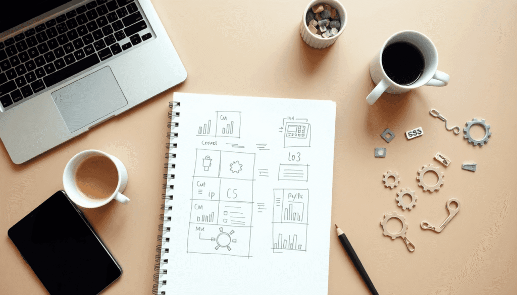 Moderne arbejdsplads med bærbar computer, notesbog, kaffekop og ikoner af kode, pensel og gear, der symboliserer webdesign- og udviklingskoncepter.