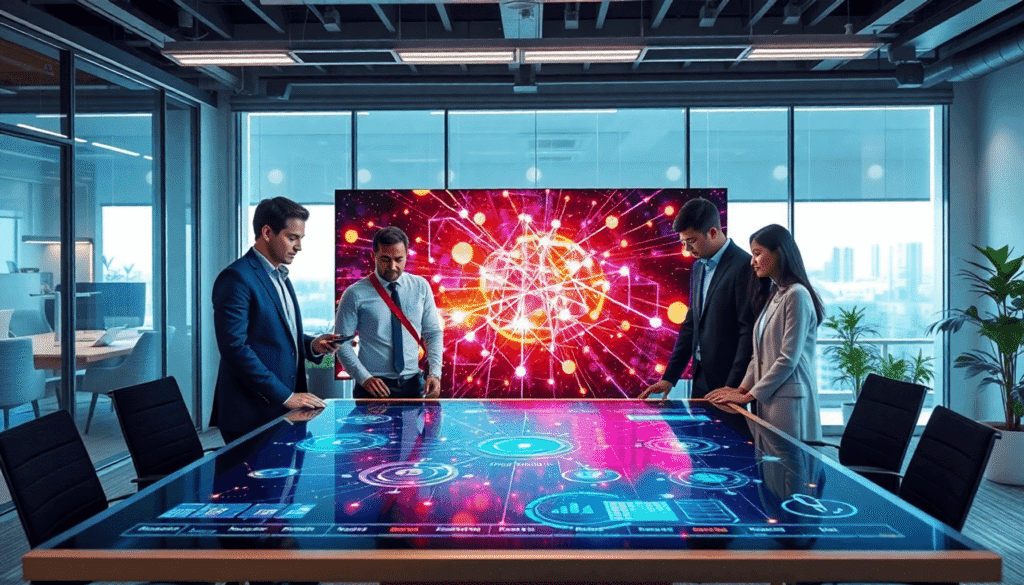 Professionals collaborating around a large digital touchscreen table displaying colorful data flows and interconnected nodes in a modern office.