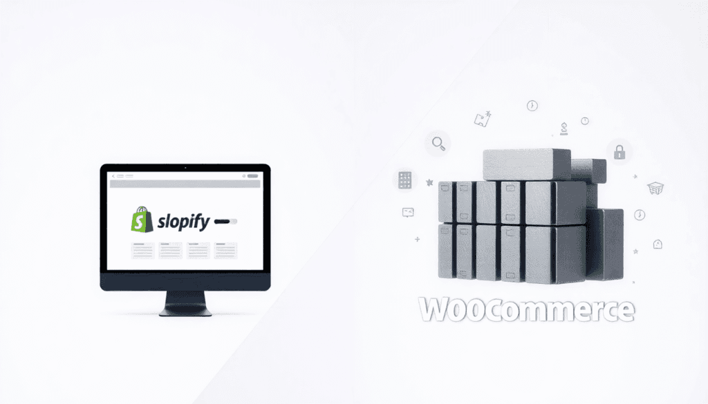 Splitbillede af en strømlinet online butikgrænseflade på den ene side og modulære blokke med kode-lignende former på den anden side, der fremhæver ...