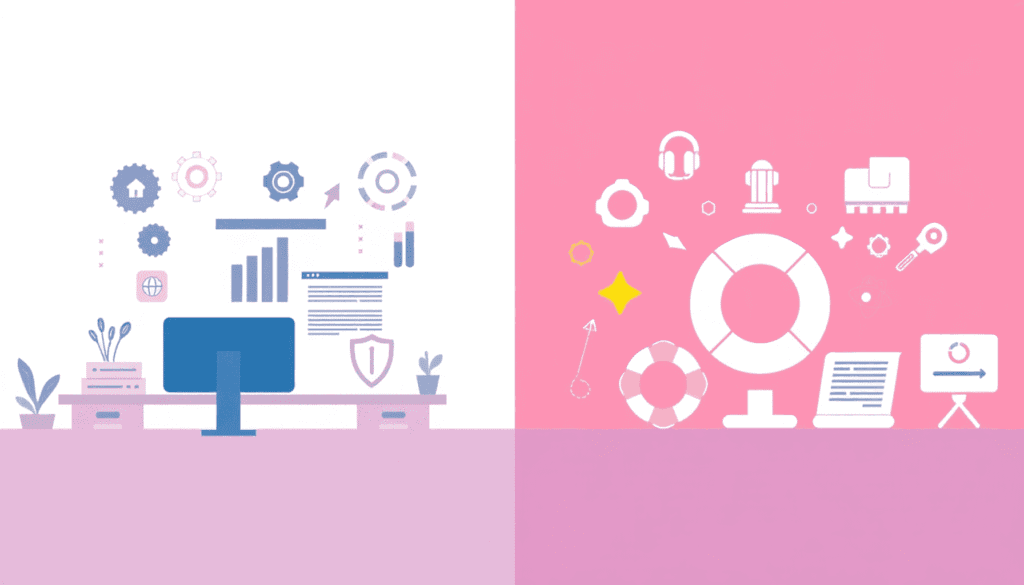 Splitbillede: rolig, organiseret arbejdsplads med gear og skjold vs. hastesituation med redningsveste og alarmer, ren moderne digital teknologisk s...