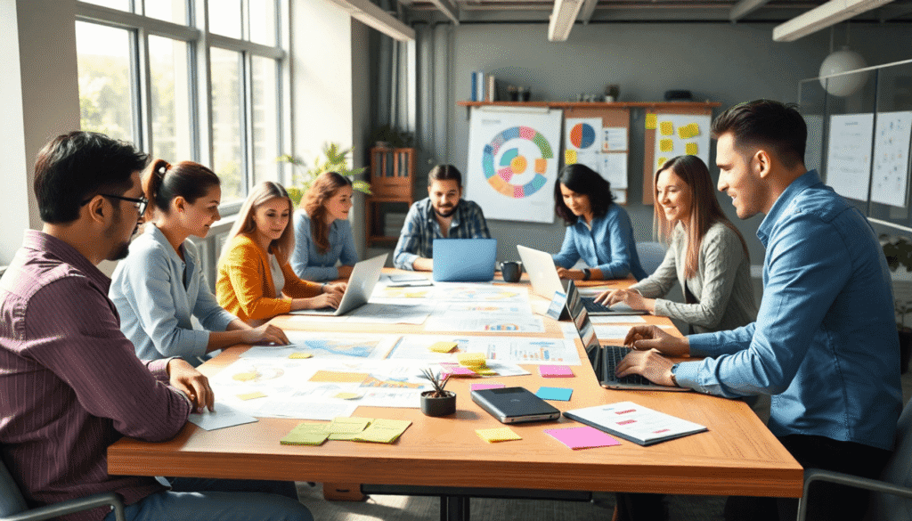 Team samarbejder omkring et bord med diagrammer, klistermærker og bærbare computere i et lyst kontor, som symboliserer aktiv projektplanlægning og ...