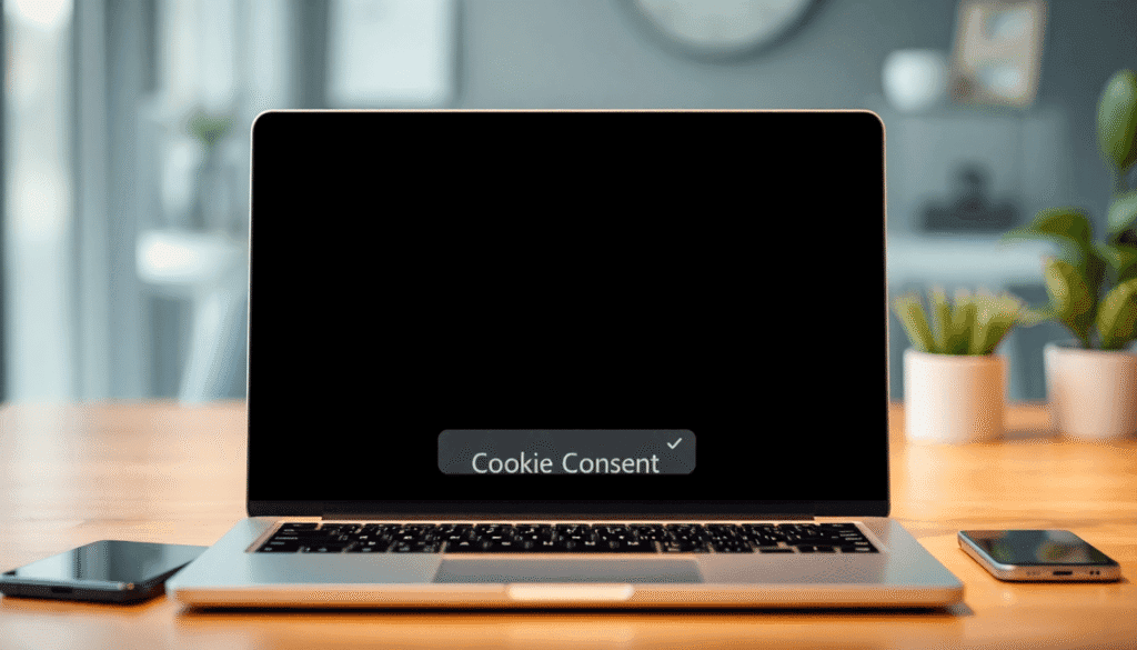 Webstedets grænseflade med en subtil cookie-samtykkebanner, privatlivsikoner og et sløret digitalt arbejdsområde med en bærbar computer og smartpho...