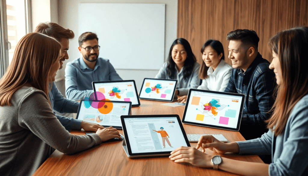 En gruppe, der samarbejder omkring et bord med tablets og bærbare computere, der viser farverige designwireframes i et varmt, godt oplyst arbejdsmi...