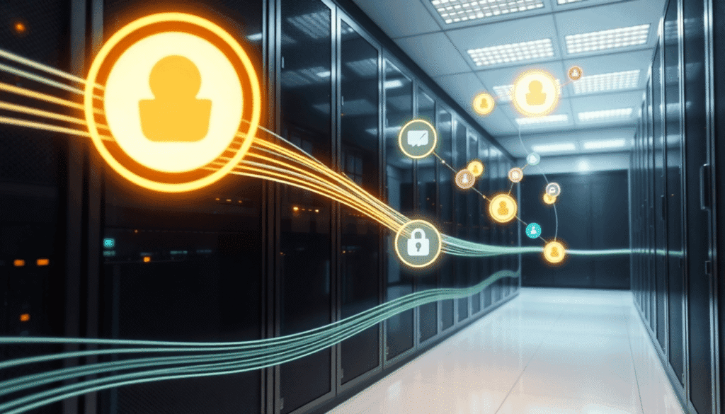 En slank serverrum med lysende datastrømme og digitale ikoner, der kredser om servere og symboliserer effektiv og sikker server-side sporing i et l...