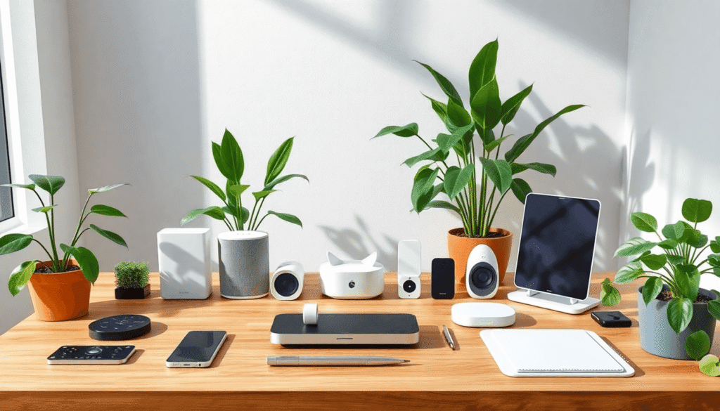 Et futuristisk arbejdsområde med slanke smarte enheder på et træbord, omgivet af grønne planter og blødt naturligt lys, der fremhæver moderne tekno...