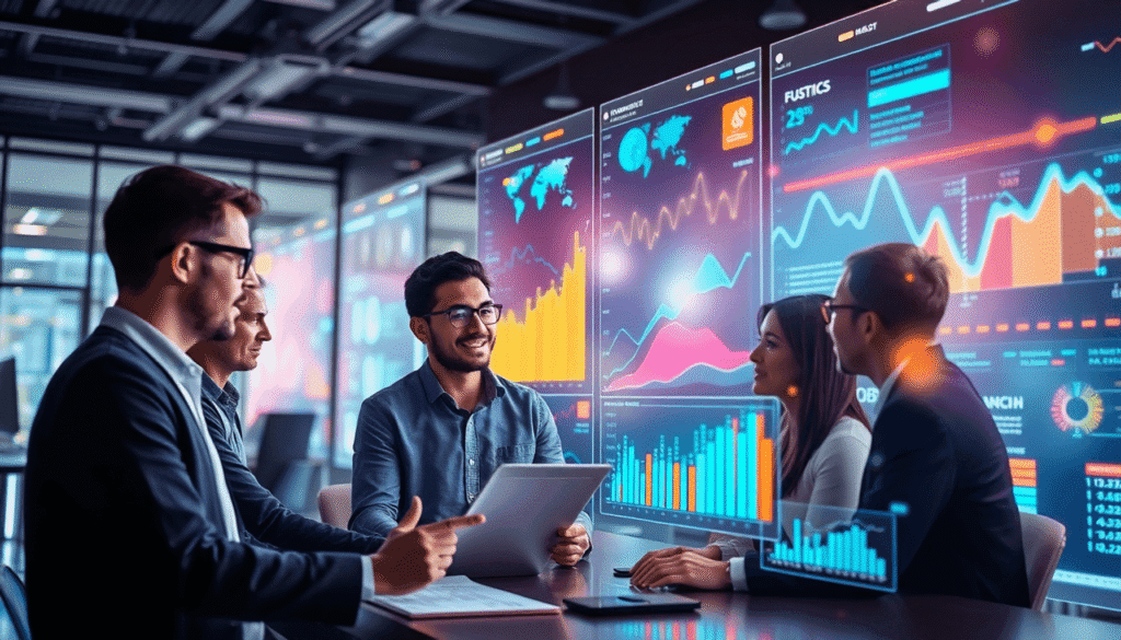 Et moderne digitalt arbejdsområde med fagfolk, der analyserer farverige holografiske datadiagrammer og grafer i et dynamisk teknologisk miljø.