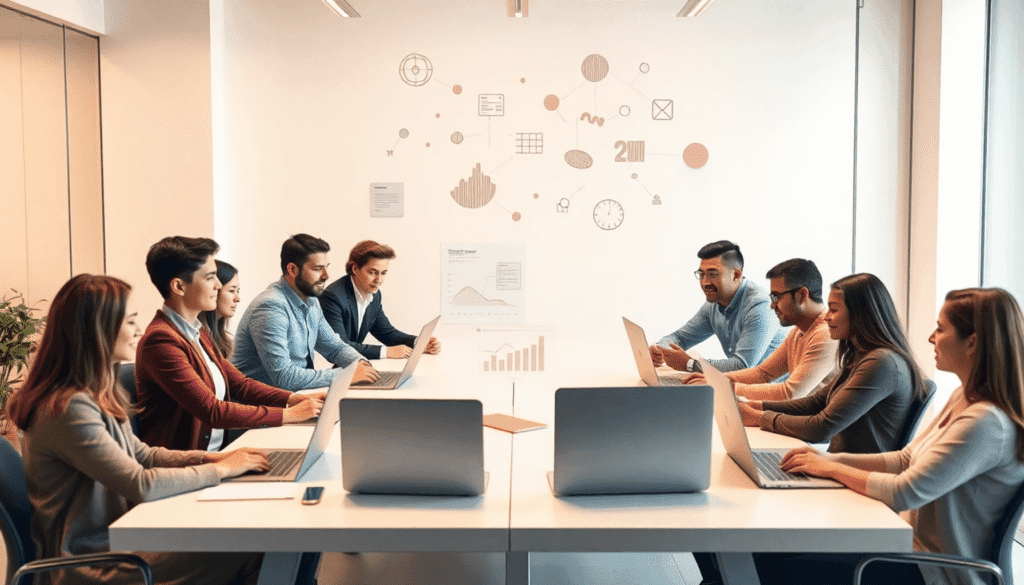 Et moderne kontor med et team, der samarbejder omkring et bord, digitale enheder og flydende abstrakte diagrammer, der symboliserer indholdsplanlæg...