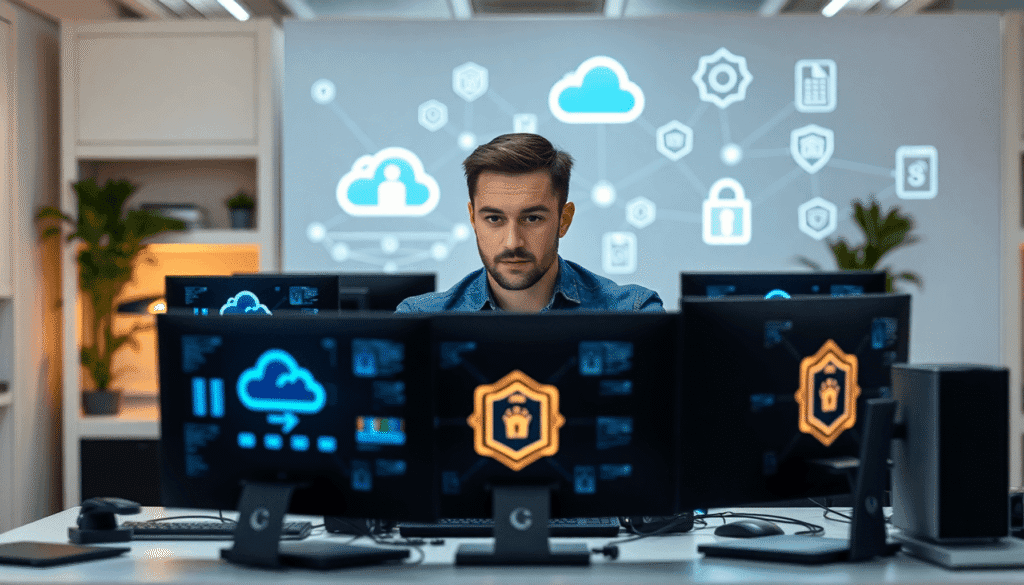IT-professionel, der arbejder ved et moderne skrivebord med flere enheder, der viser lysende datastrømme og ikoner for cloud-lagring, sikkerhedsskj...