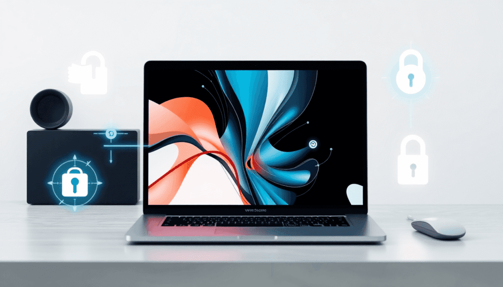 Moderne arbejdsplads med bærbar computer, der viser abstrakt webdesign, omgivet af digitale dataoverførsels- og sikkerhedssymboler på en ren baggrund.