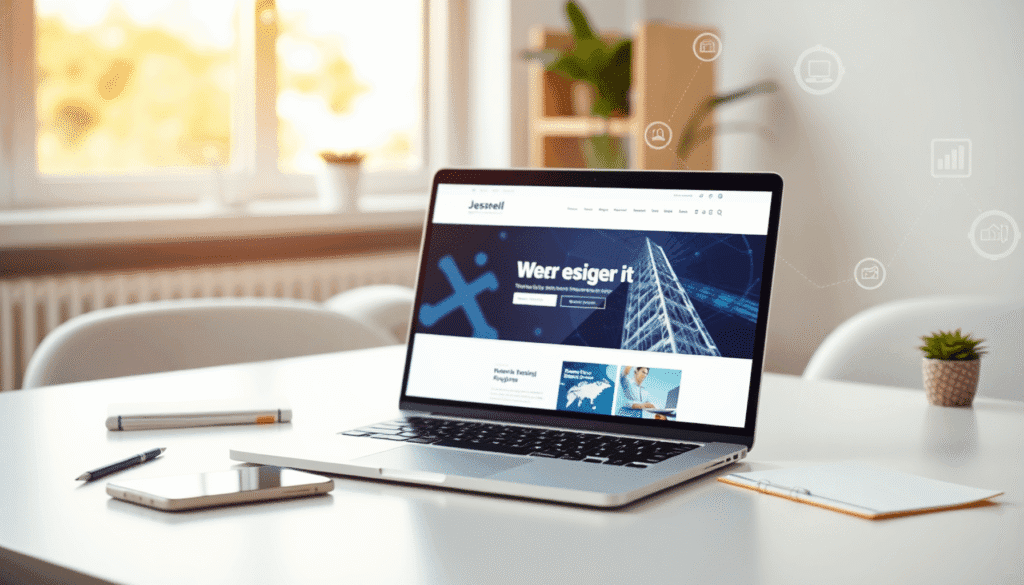 Moderne arbejdsplads med bærbar computer, der viser layoutet af en hjemmeside, omgivet af noter og smartphone, lys indstilling med digitale ikoner,...
