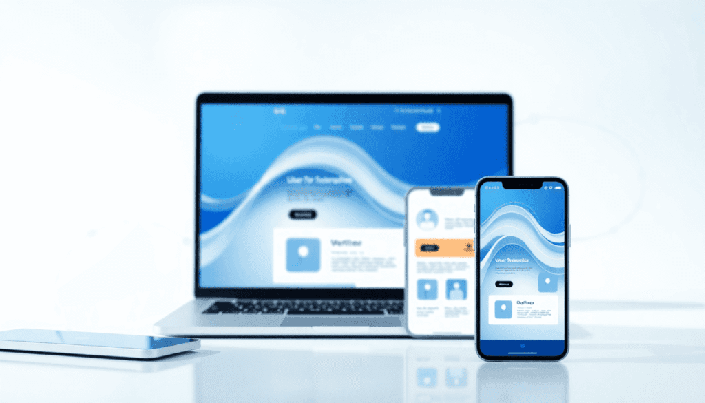Moderne arbejdsplads med bærbar computer og smartphone, der viser abstrakte websitelysninger, omgivet af navigationsikoner og forbindelseslinjer på...