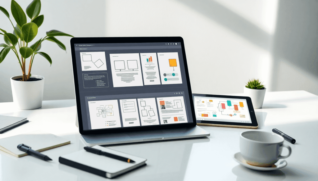 Moderne arbejdsplads med bærbar computer og tablet, der viser wireframe-designs og flowcharts, omgivet af notesbog, kaffekop og plante i blødt natu...