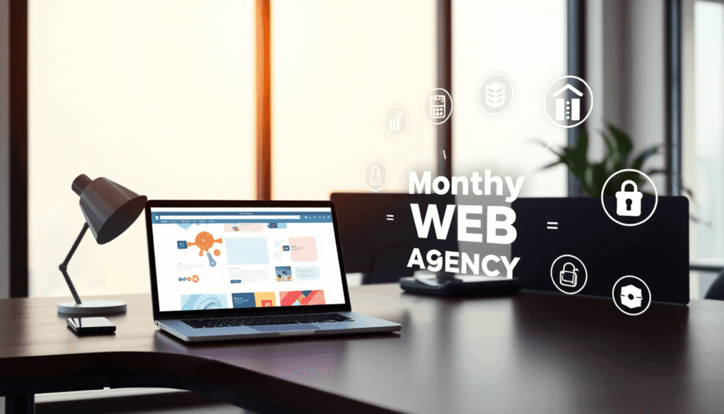 Moderne kontorbord med laptop, der viser abstrakt webdesign, omgivet af digitale ikoner for vedligeholdelse, support og sikkerhed i en lys, profess...