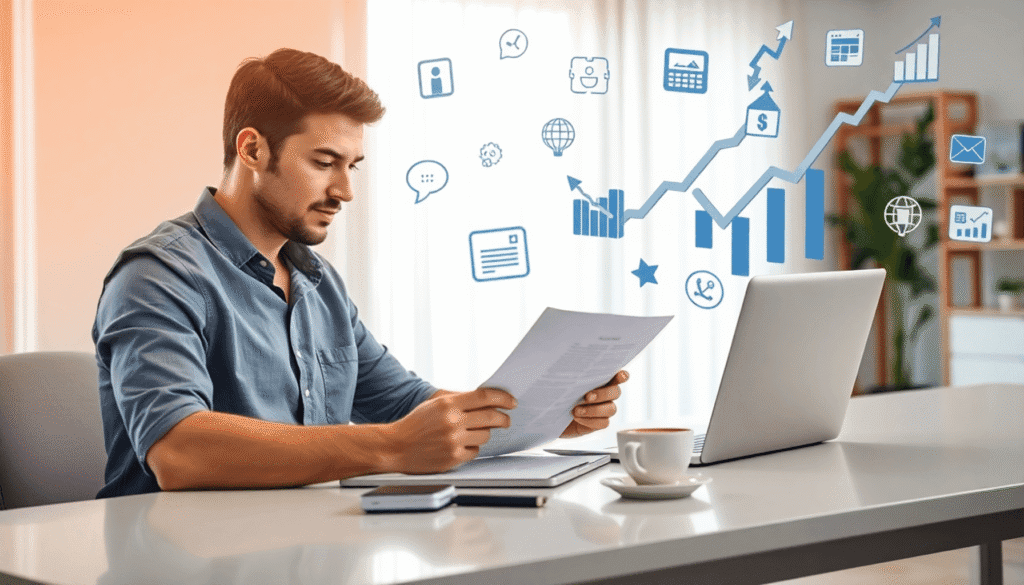 Person, der selvsikkert gennemgår en kontrakt ved et rent skrivebord med laptop og kaffe, omgivet af svævende ikoner for digital markedsføring i et...