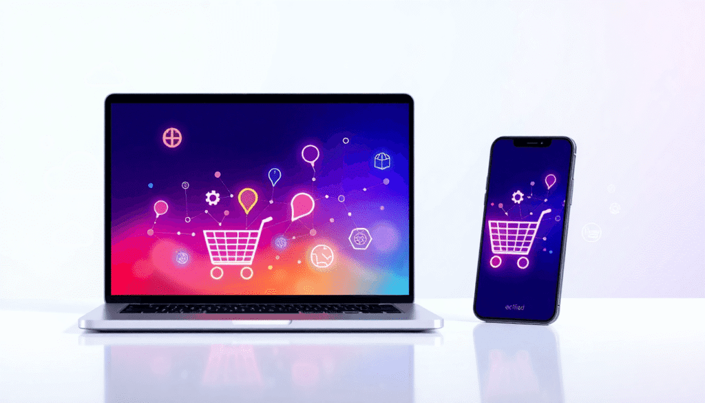 Slank bærbar computer og smartphone, der viser livlige indkøbsvognikoner og netværkslinjer, omgivet af skyformer og gear på en lys, gradient baggrund.