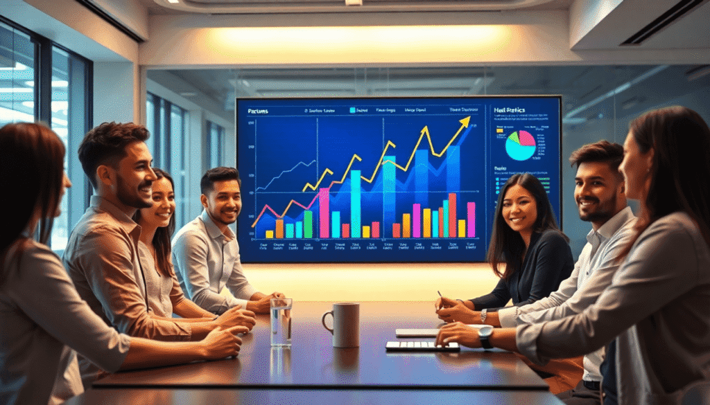 Team af fagfolk, der samarbejder omkring et digitalt dashboard med farverige grafer og pile i et lyst moderne kontor, der symboliserer vækst og suc...