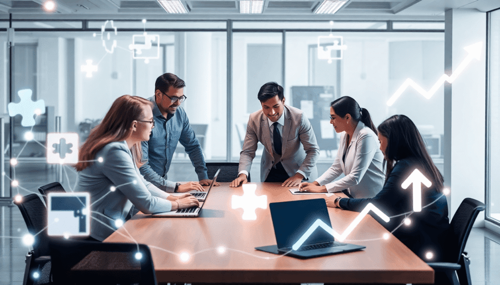 Team samarbejder i et moderne kontor med digitale netværksvisualiseringer, puslespilbrikker og opadgående pile, der symboliserer IT-integration og ...
