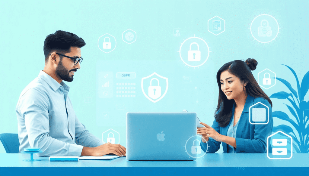 Webprofessionelle, der samarbejder om indstillinger for webstedets privatliv, omgivet af abstrakte symboler for databeskyttelse og GDPR i bløde blå...