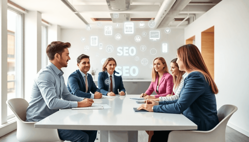 Et moderne kontor, hvor professionelle samarbejder omkring et bord, mens digitale ikoner for webdesign, SEO og marketing svæver over dem.
