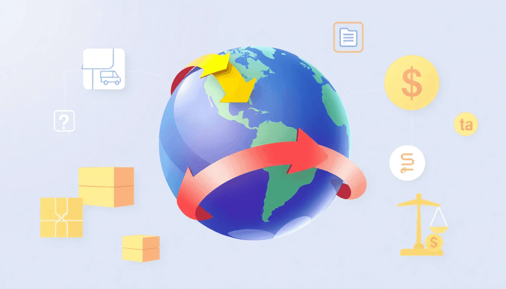 Illustration af en globus med sammenkoblede pile, omgivet af forsendelsesbokse og skattesymboler, der repræsenterer global e-handel og logistik på ...