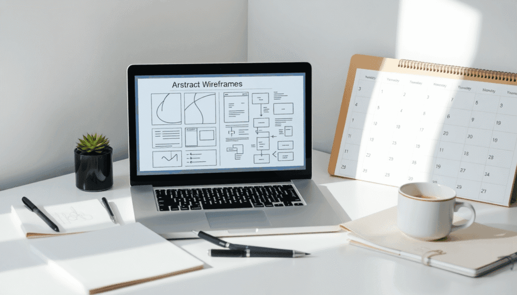 Moderne arbejdsplads med bærbar computer, der viser wireframe-designs, notesbøger, kaffekop og kalender med milepæle, oplyst af blødt naturligt lys.